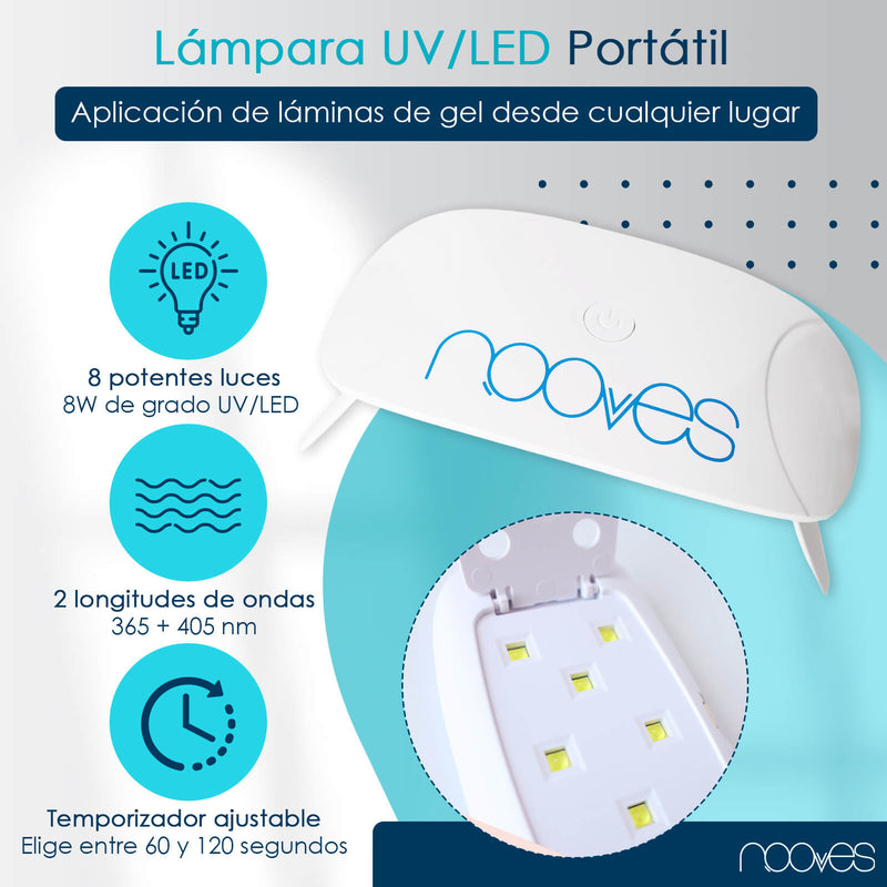 Pack Nooves Nails Nude Designs Folha de gel premium pré-curada + lâmpada de unhas UV/LED PORTÁTIL de 8 W - lâmpada de secagem de unhas de 8 W