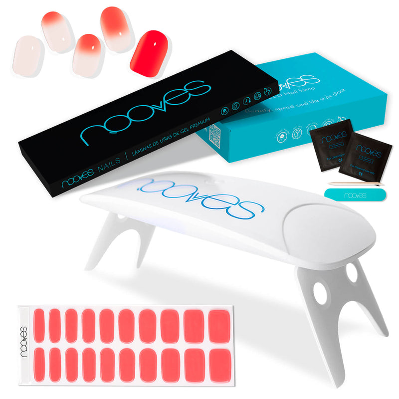 Pack Nooves Nails Red Designs Folha de gel premium pré-curada + lâmpada de unhas UV/LED PORTÁTIL de 8W - lâmpada de secagem de unhas de 8W